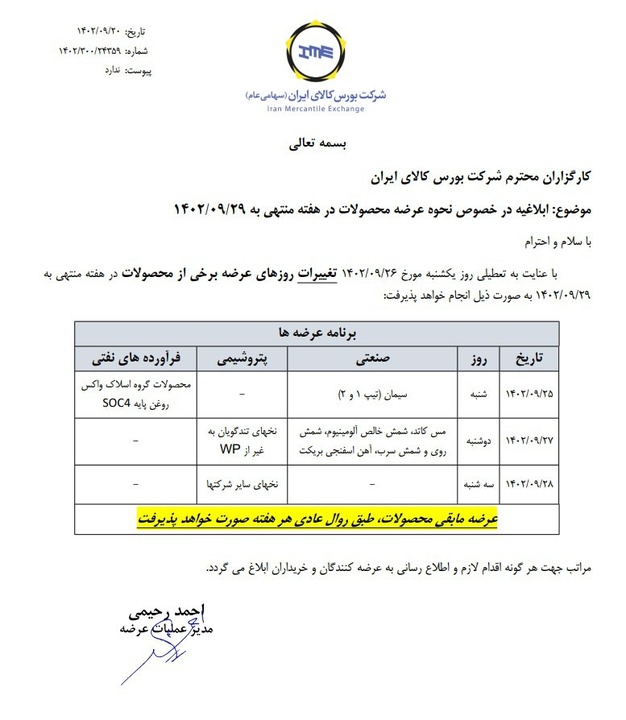 اعلام زمانبندی جدید عرضه محصولات در تالار صنعتی