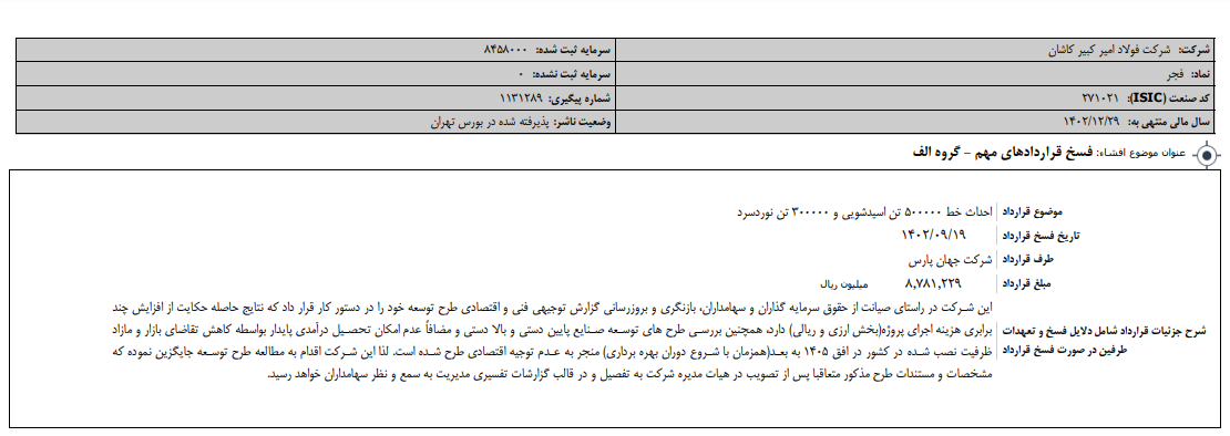 فولاد امیرکبیر کاشان از فسخ قرارداد خط نورد سرد خود خبر داد+متن اطلاعیه