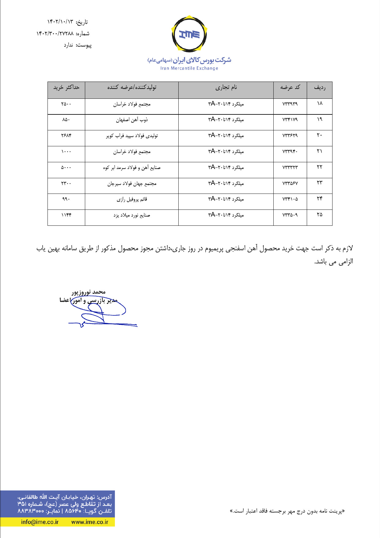 ابلاغیه بورس کالا برای میزان سفارش محصولات فولادی 